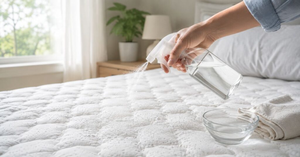 A hand spraying a liquid from a clear spray bottle onto a white mattress, with a glass bowl of water nearby, in a bright, clean bedroom setting with soft natural light.