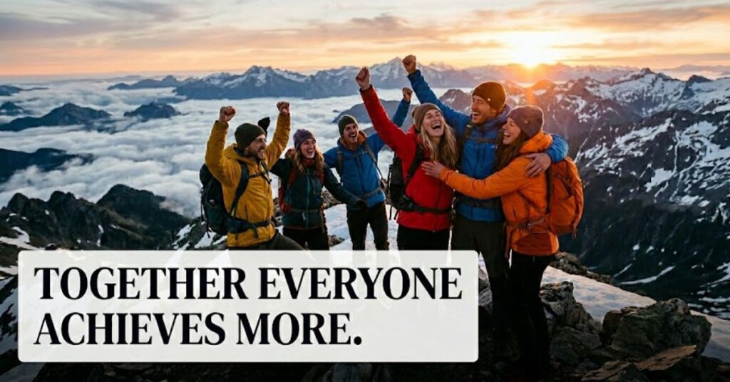 positive work environment quotes with collaborative office meeting scene
