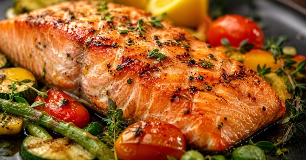 Grilled salmon served with fresh vegetables on a plate representing omega-3 rich food for brain health and healthy lifestyle nutrition