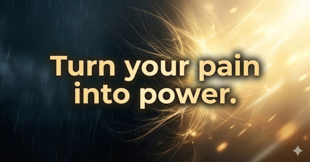 dramatic transformation scene from darkness to light representing overcoming pain and building inner strength motivation