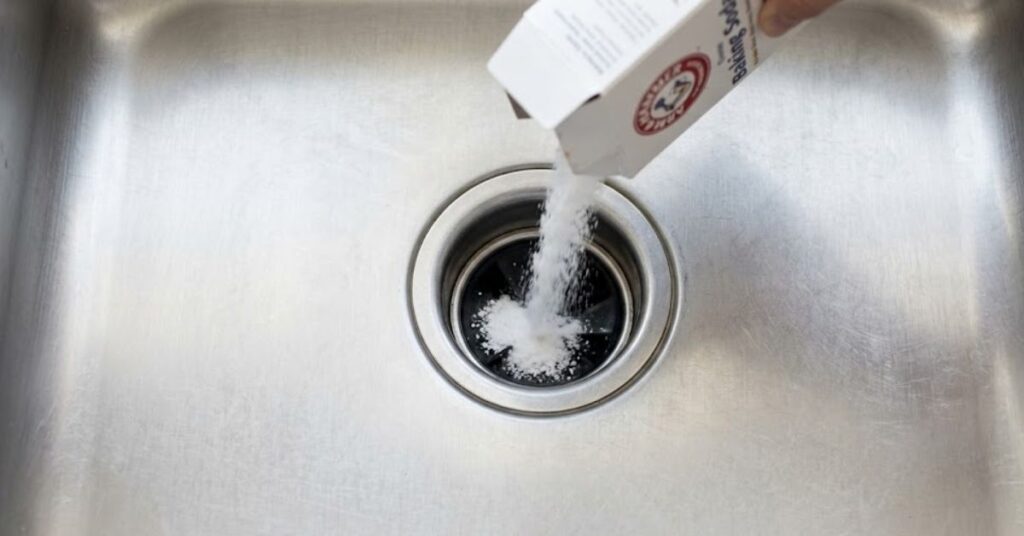 Baking soda being poured from a box into a stainless steel sink drain.