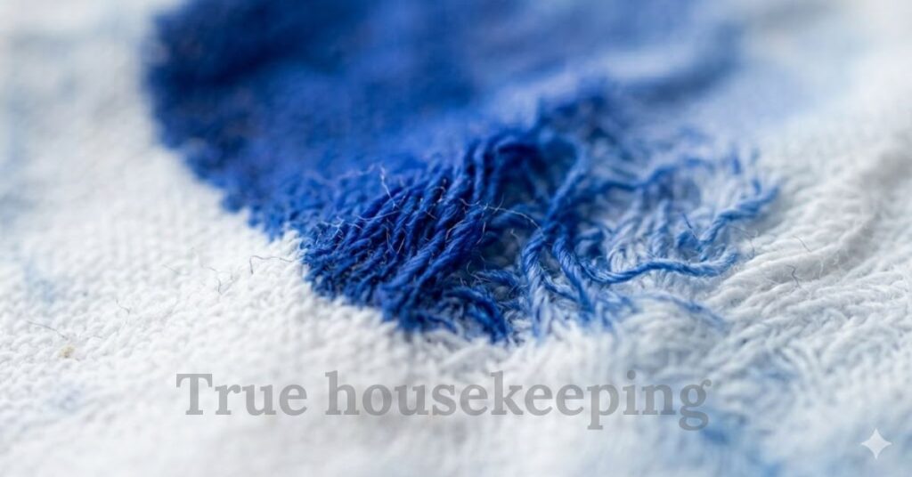An extreme macro photograph showing a vibrant blue ink stain bleeding into white cotton fabric. The sharp focus captures the detailed, frayed texture of individual cloth fibers soaking up the ink under soft lighting.