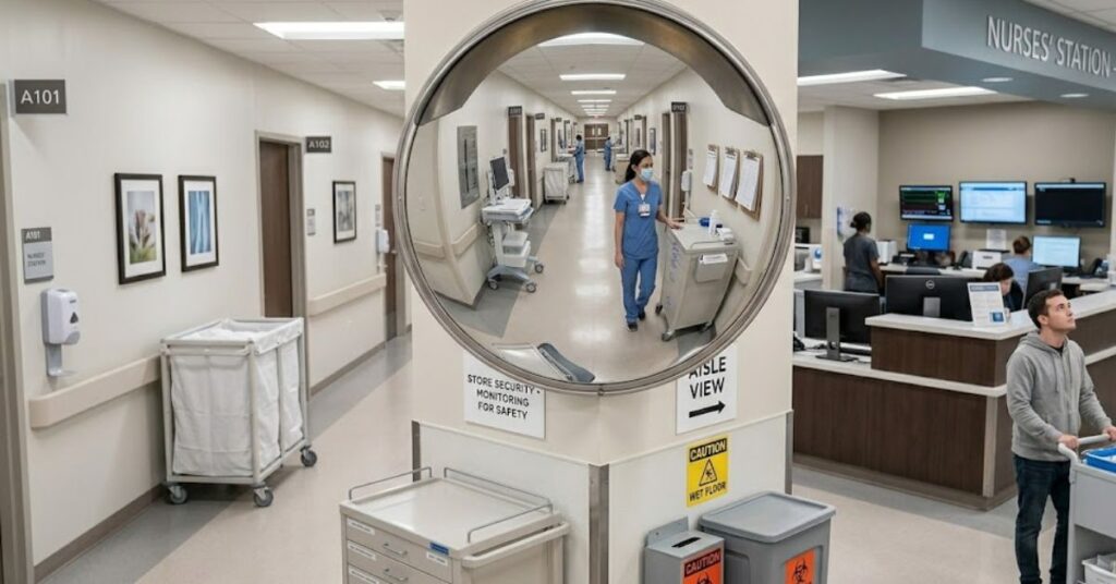 convex mirror in hospital hallway improving visibility and safety