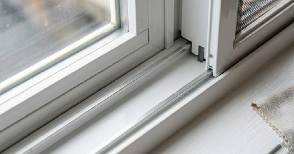 Spotlessly clean residential window tracks after professional cleaning, showing a pristine and debris-free surface."