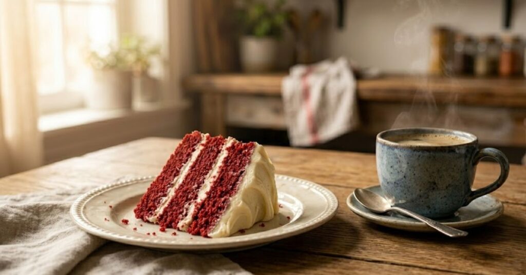 A slice of red velvet cake served on a plate beside a cup of coffee on a cozy wooden table in warm natural light