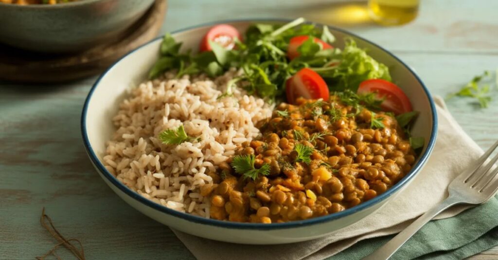 Healthy lentil curry with brown rice and salad for vegetarian day 1 diet plan lunch