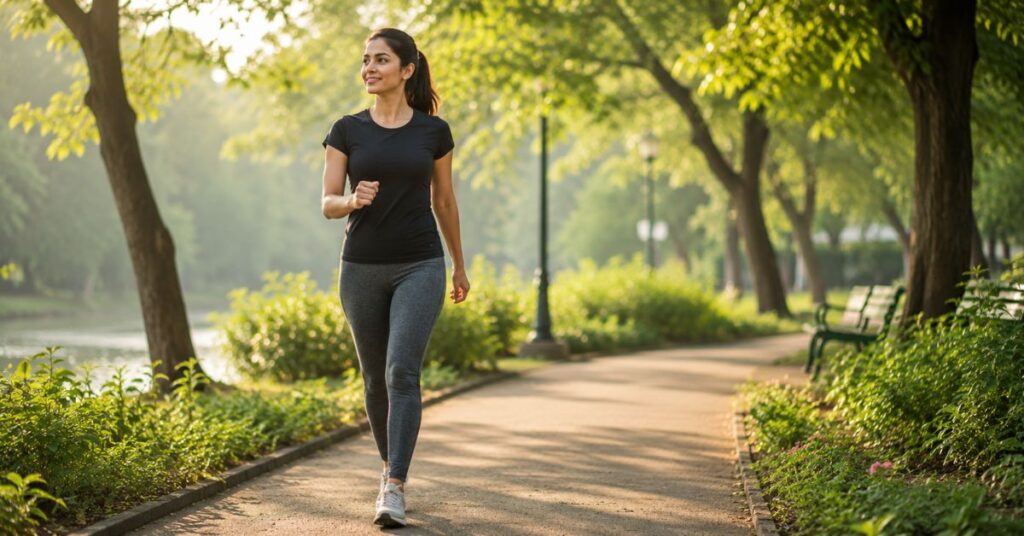 A woman jogging on a tree-lined park path in the morning, wearing sportswear and smiling while enjoying outdoor exercise and fitness in a natural green environment.