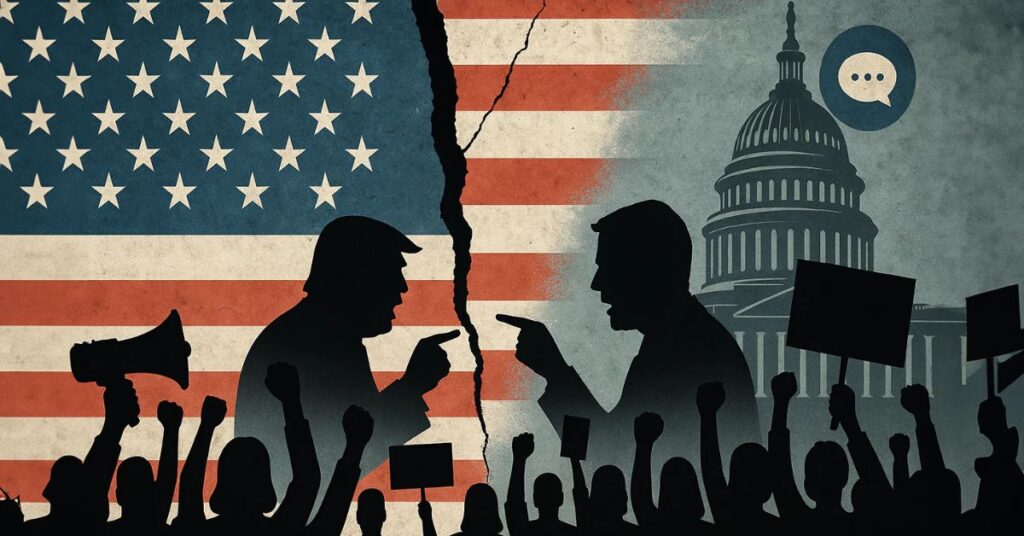 “Symbolic illustration of America economy problems showing US flag split and societal conflict”