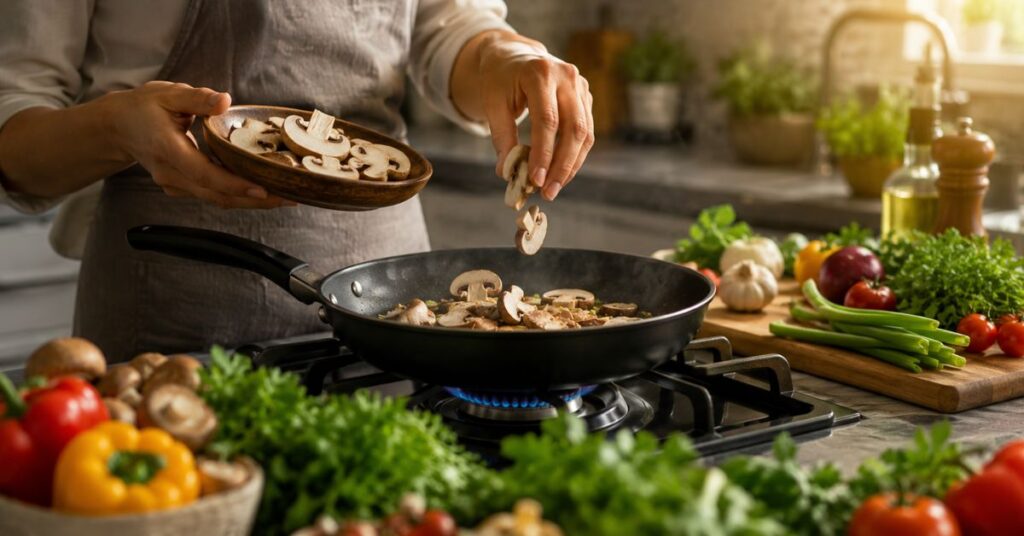Person cooking fresh mushrooms in a modern kitchen for a healthy lifestyle and brain nutrition