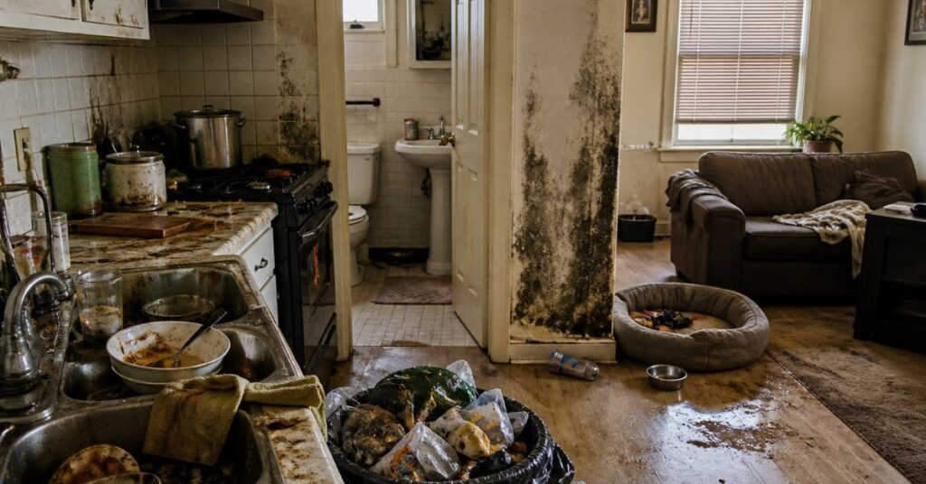 “Home odor causes explained showing kitchen waste, bathroom dampness, mold, and poor ventilation leading to bad smells in house”
