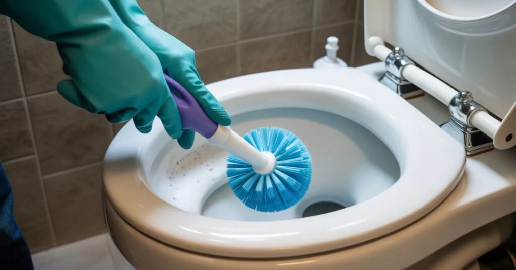 Gloved hands scrubbing a toilet bowl with a cleaning brush and foam cleaner in a bathroom, showing a hygienic cleaning process with realistic lighting and high detail.