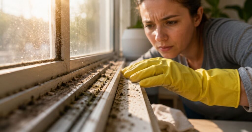 A woman inspecting dirty window tracks with visible dust and mold, wearing cleaning gloves in a sunlit home interior.