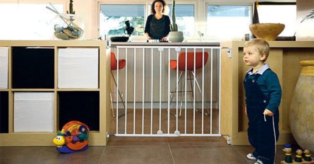 “Childproof living room with outlet covers, corner guards, secured furniture, and safe play area”