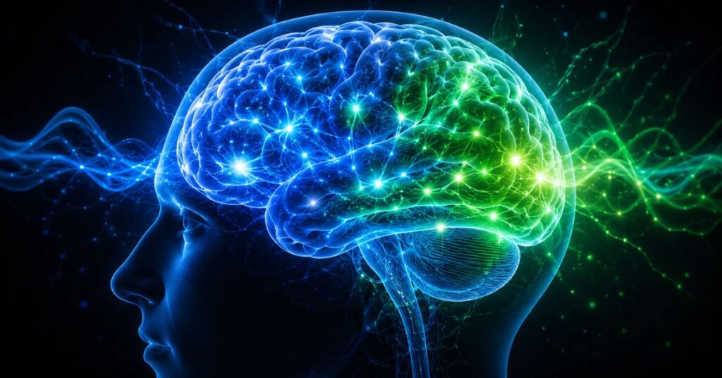 Glowing human brain with neural connections and energy waves showing brain activity and cognitive health in a futuristic medical illustration style