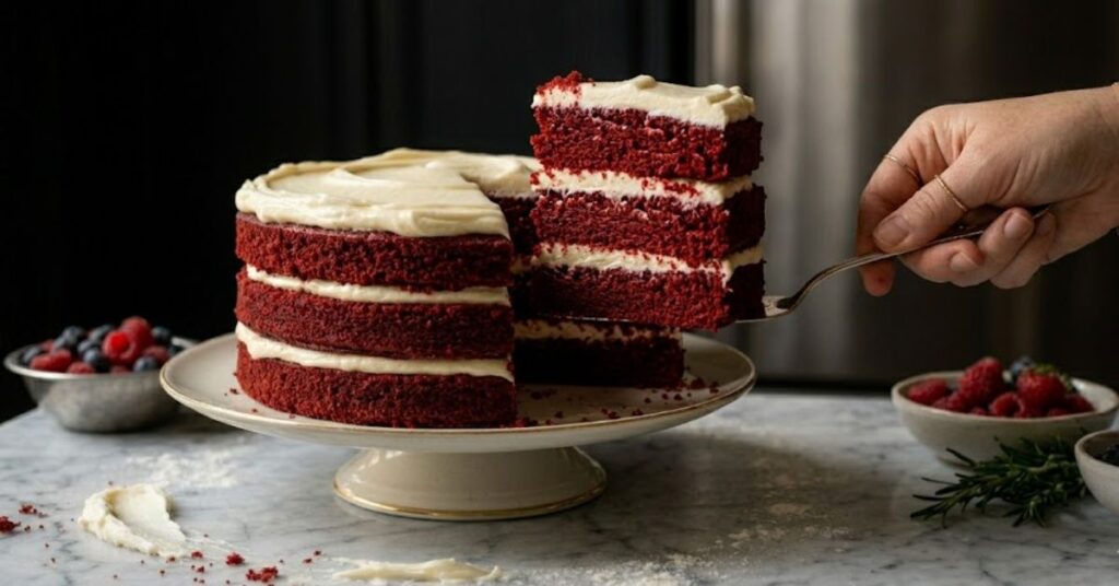 A close-up of a red velvet cake slice being lifted, showing soft red sponge layers and rich cream cheese frosting