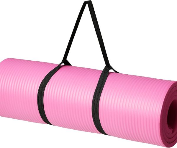 “Close-up of a yoga mat used for home workouts, yoga, stretching, and fitness exercises on a clean floor.”