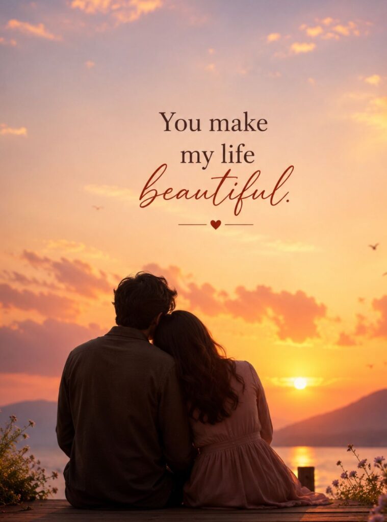 A romantic sunset scene showing a couple sitting together on a wooden dock, facing a glowing orange and pink sky over calm water with distant hills. The image has a warm, dreamy atmosphere with soft golden light and a peaceful emotional mood. Centered elegant text reads “You make my life beautiful.”