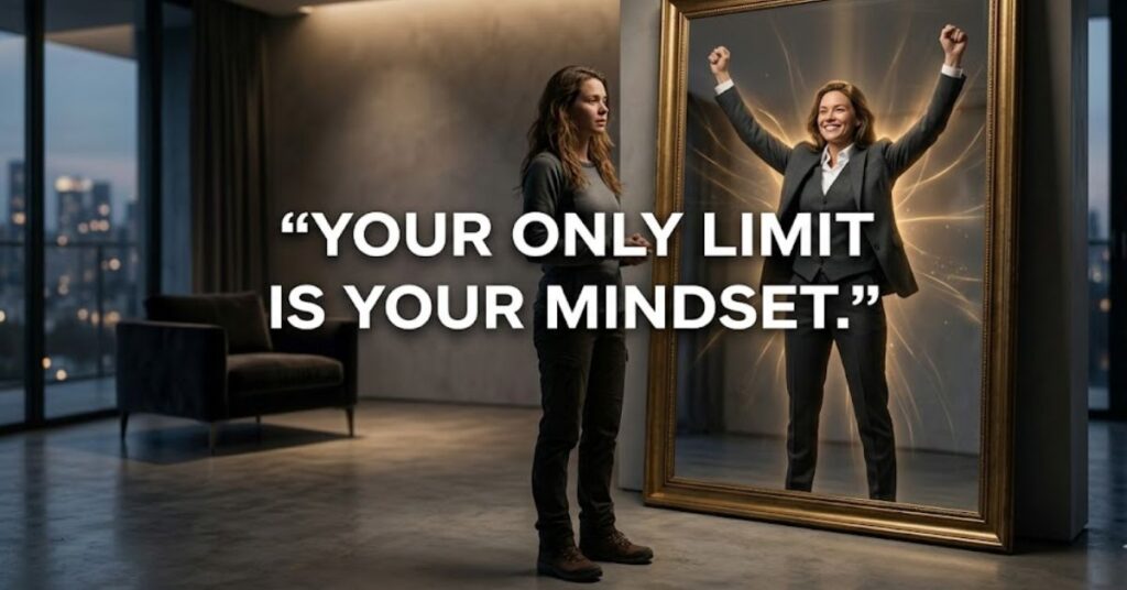 person looking at mirror reflection showing confident version symbolizing mindset and self motivation growth