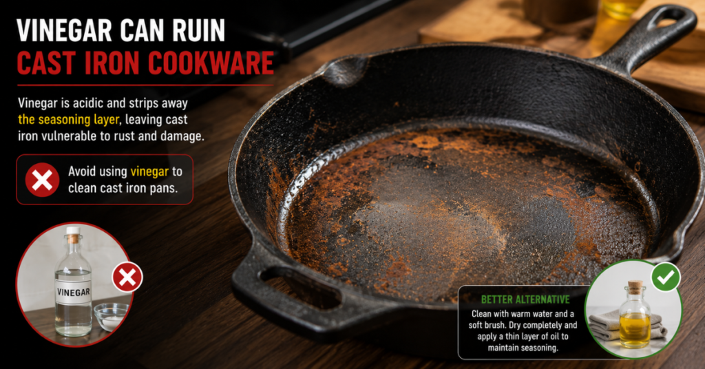 cast iron pan rusted after vinegar removed seasoning layer
