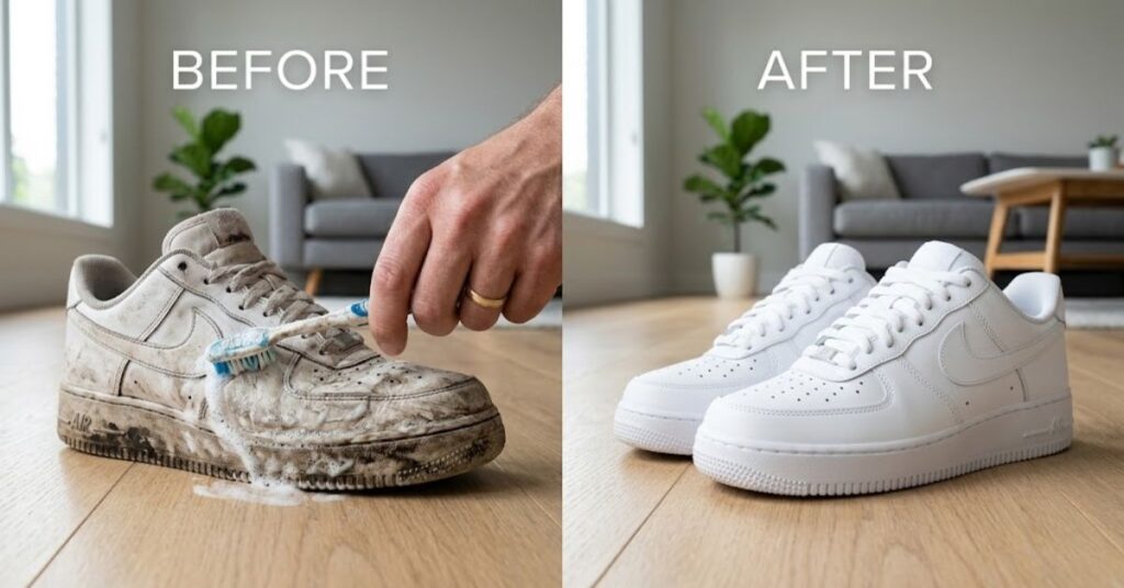 Before-and-after comparison showing dirty white sneakers being cleaned with toothpaste and a toothbrush, resulting in clean, bright white shoes.