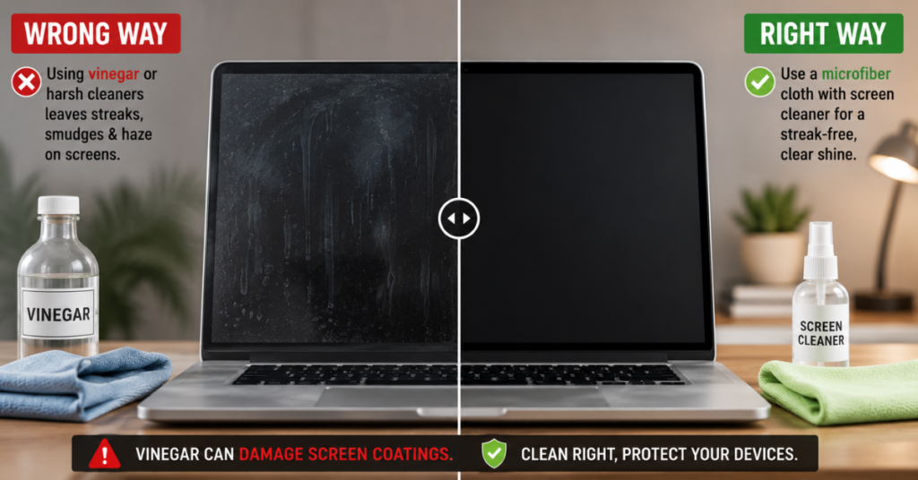 laptop screen with streaks and damage caused by wrong cleaning solution