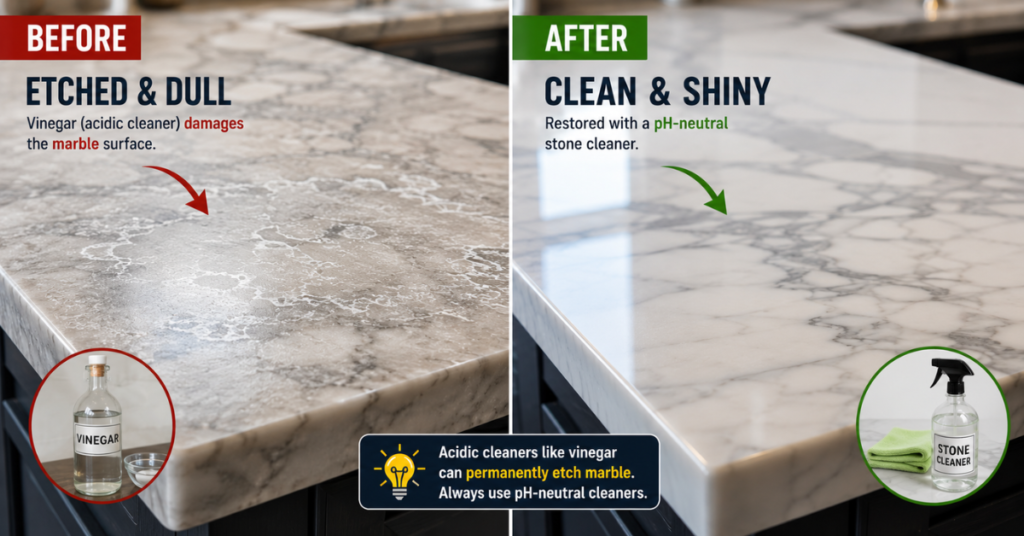 marble surface damaged by vinegar showing dull etching marks