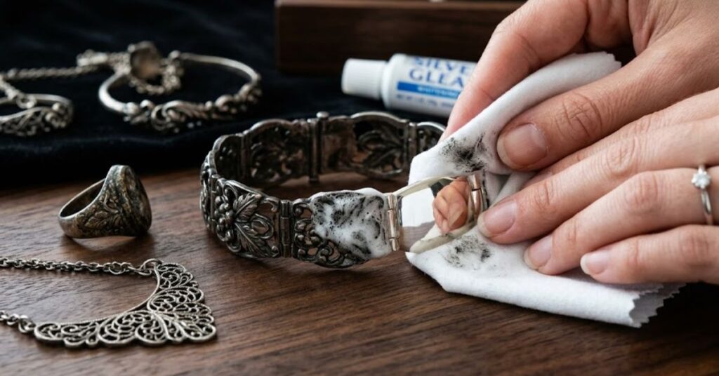 How to clean silver jewelry at home using toothpaste; close-up view showing the polishing process.