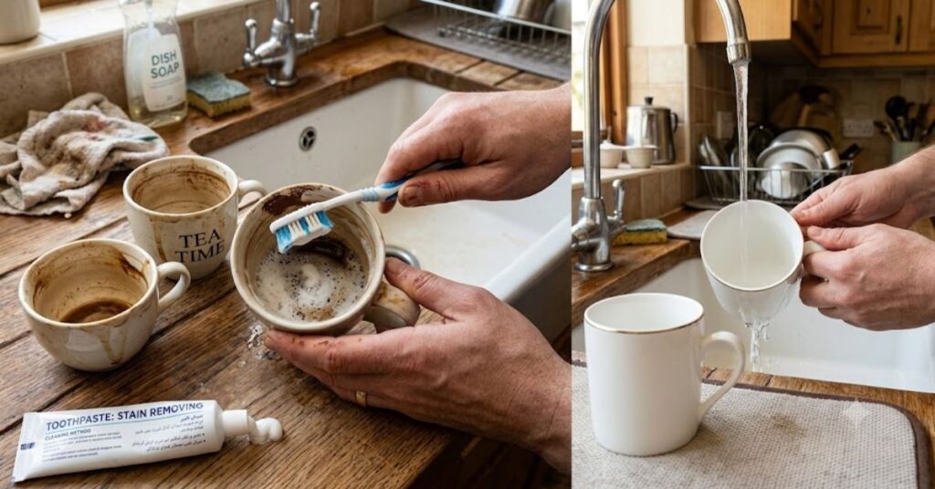 Removing coffee and tea stains from ceramic mugs using toothpaste and a toothbrush, showing the cleaning process.