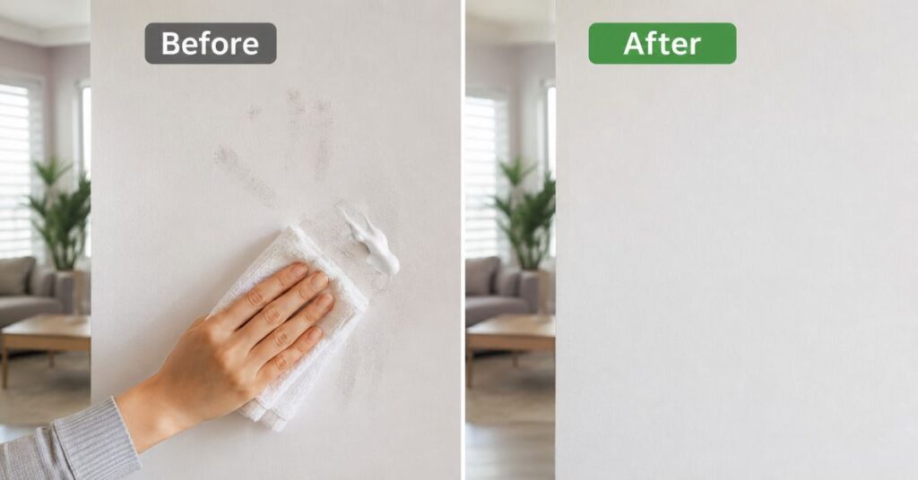 Before and after comparison of a wall stain being cleaned with toothpaste and a white cloth.