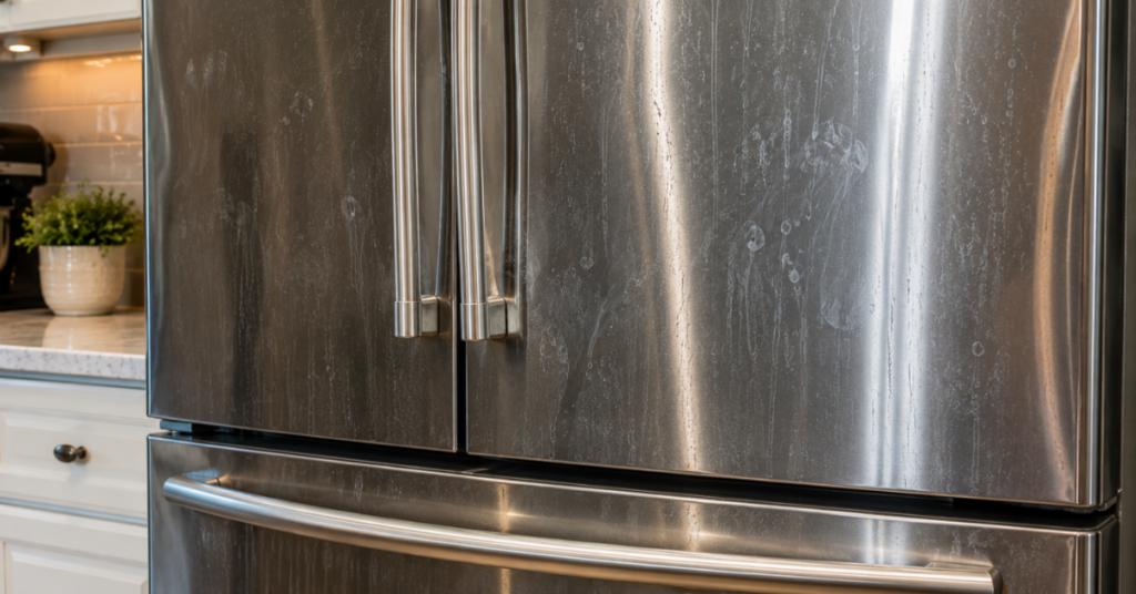 stainless steel surface with streaks and damage from vinegar cleaning