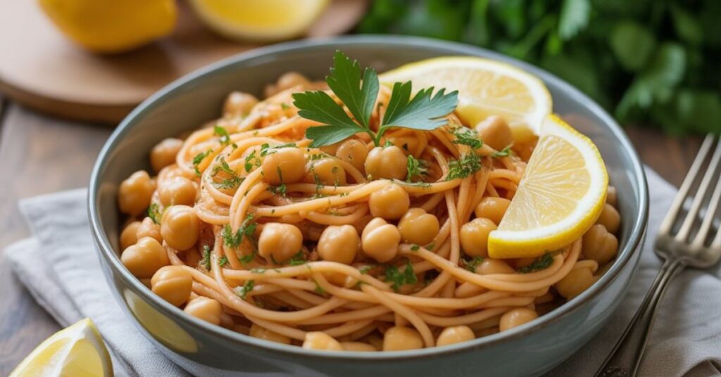 Protein-packed pasta with chickpeas served in a bowl with fresh herbs