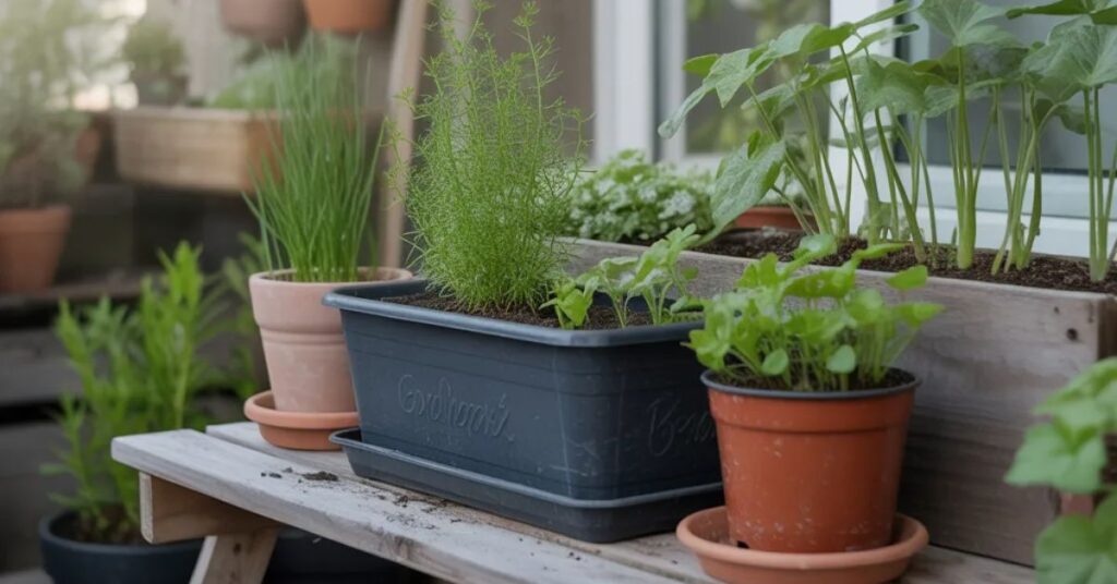 Beginner sustainable garden with small plants in pots and natural sunlight