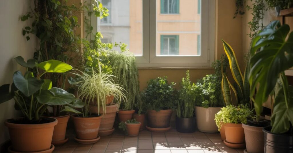 Small balcony garden showing healthy plants placed in a sunny spot for sustainable gardening