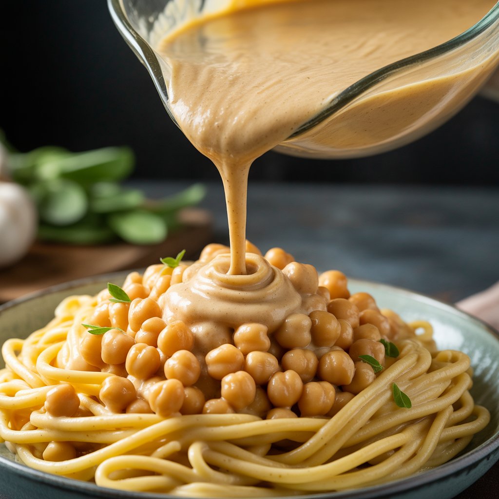 Creamy chickpea sauce being added to pasta