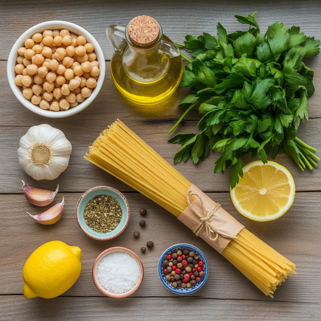 Ingredients for protein-packed pasta with chickpeas including garlic, olive oil, and herbs