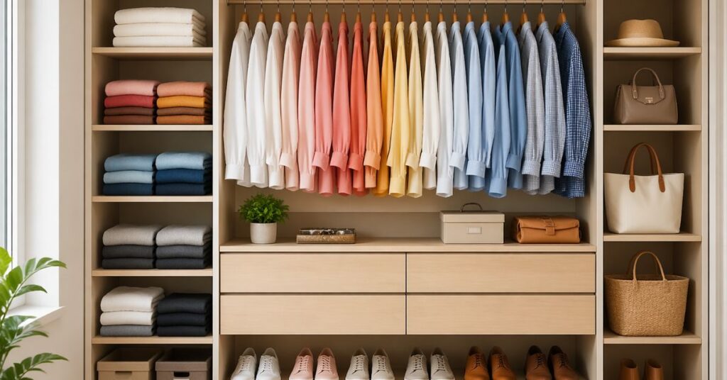 “Organized modern wardrobe with folded clothes, color-coded shirts, and shoes in boxes”