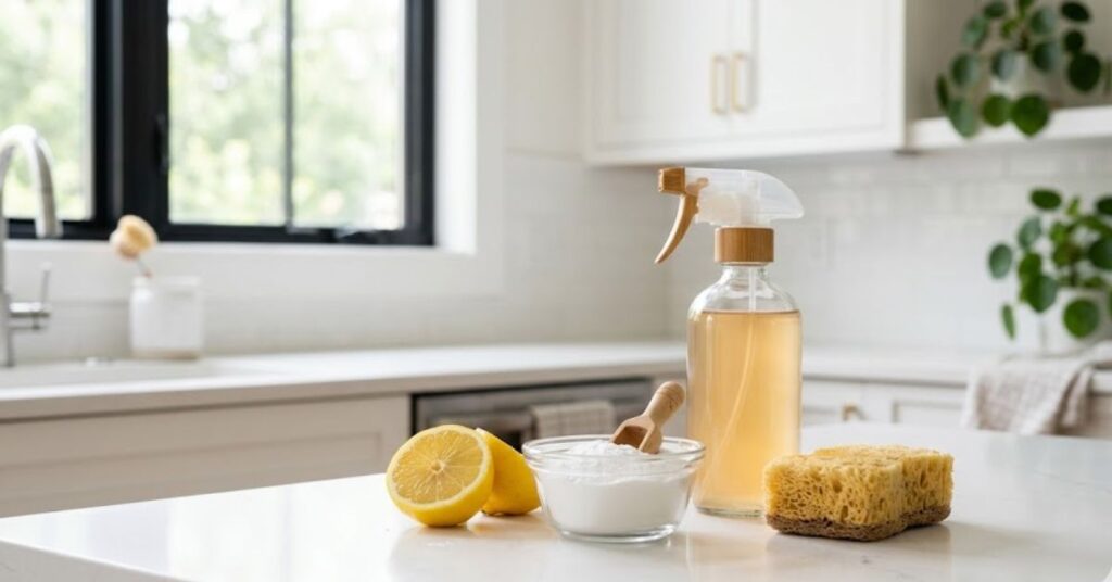 A glass bowl of baking soda sits on a white countertop alongside a lemon, a sponge, and a spray bottle in a bright, modern kitchen.