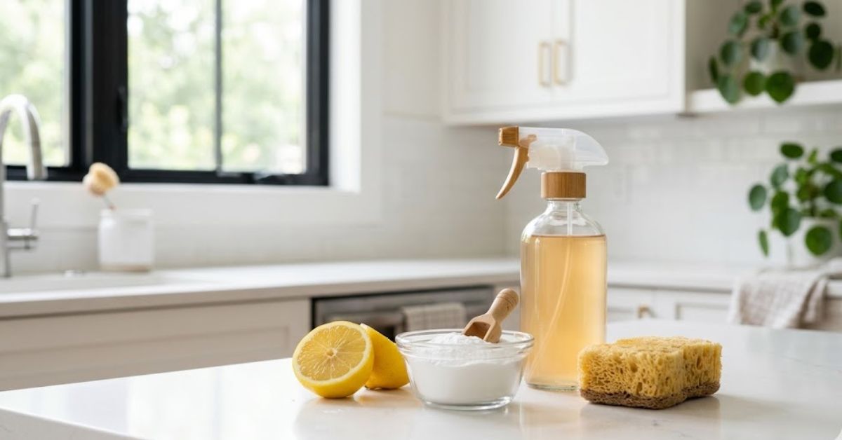 A glass bowl of baking soda sits on a white countertop alongside a lemon, a sponge, and a spray bottle in a bright, modern kitchen.