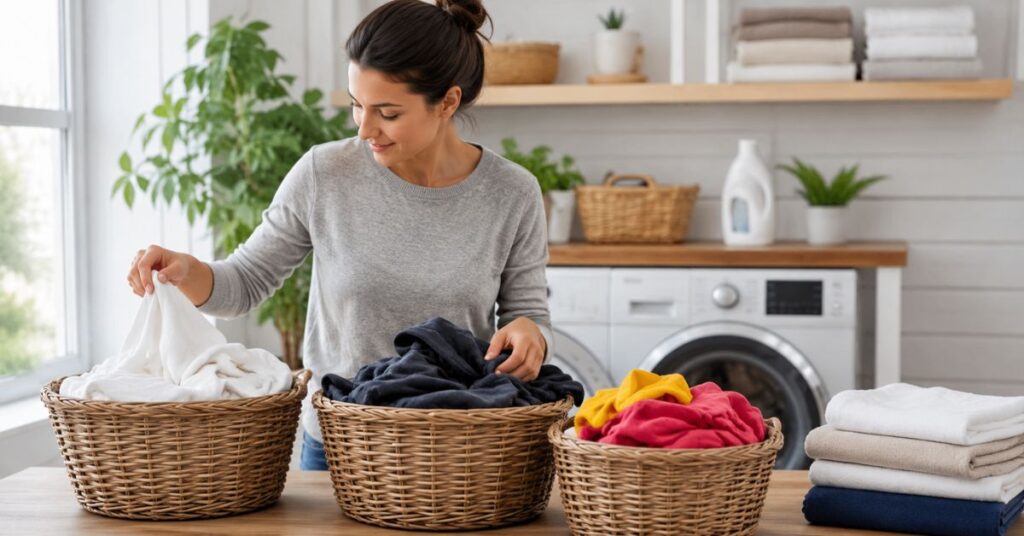 Sorting clothes by color before loading a washing machine.