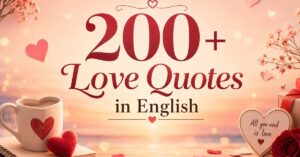 Aesthetic romantic featured image with soft pink and peach gradient background, floating heart shapes and bokeh lights, decorative flowers and love-themed props, and centered typography reading “200+ Love Quotes in English” with warm, emotional mood.
