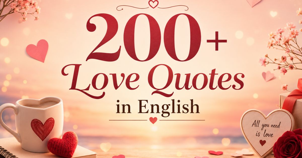 Aesthetic romantic featured image with soft pink and peach gradient background, floating heart shapes and bokeh lights, decorative flowers and love-themed props, and centered typography reading “200+ Love Quotes in English” with warm, emotional mood.