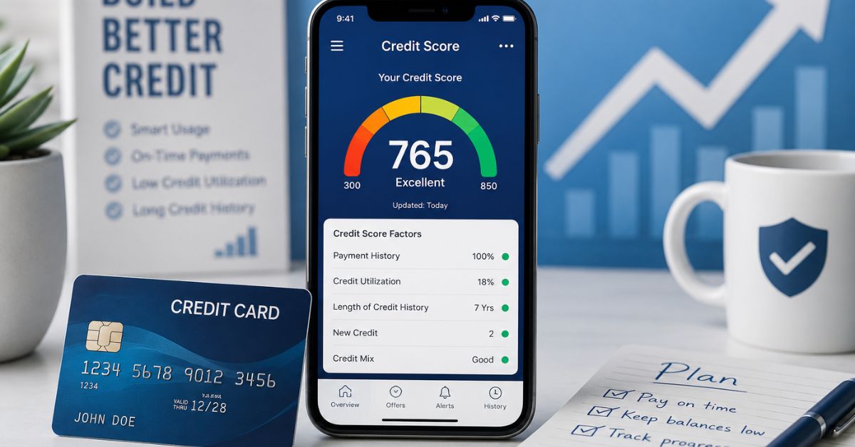 Modern financial workspace showing a smartphone with rising credit score, a credit card, and a clean desk setup symbolizing financial growth.