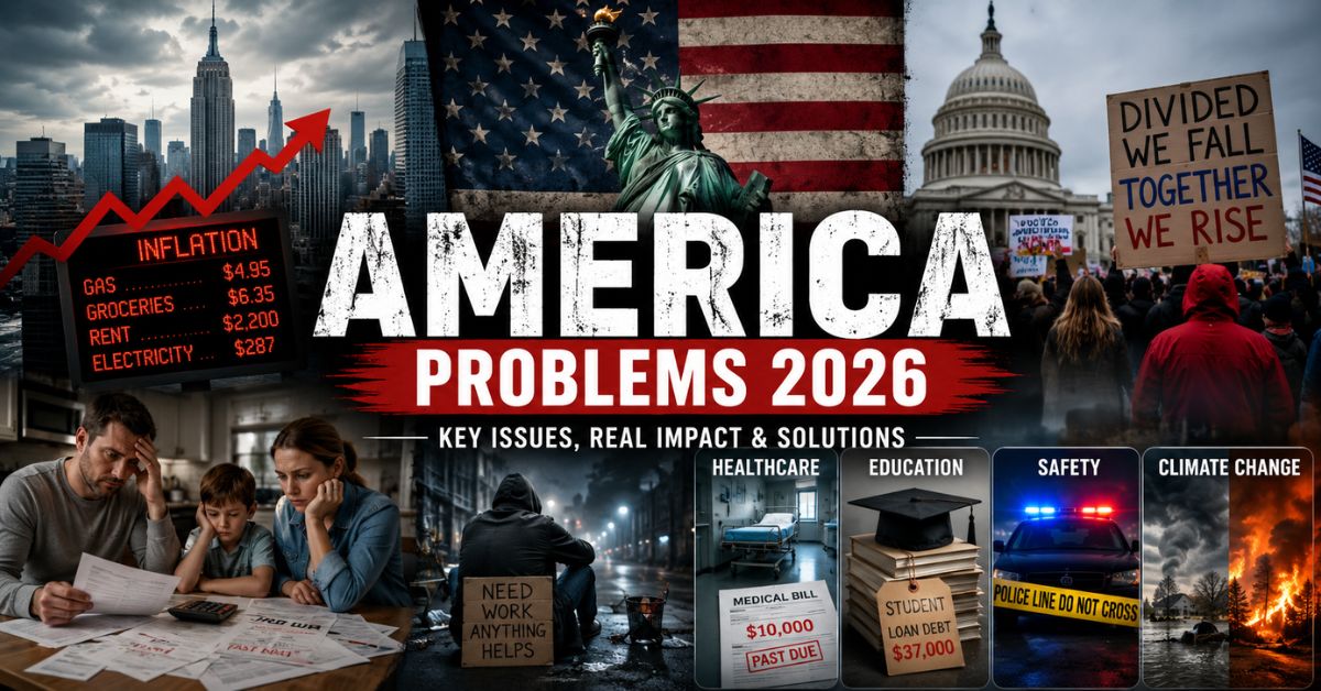 “America economy problems shown in 2026 American city skyline with economic inequality, inflation billboards, and worried citizens in tense streets”