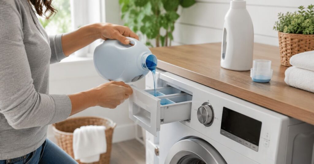 Adding the correct amount of laundry detergent to a washing machine.