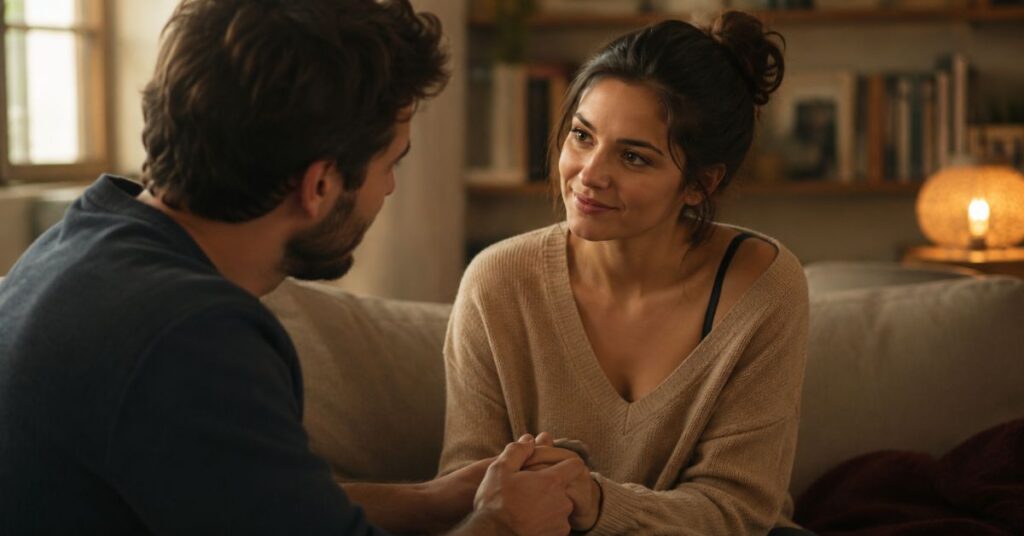 A warm, ultra-realistic scene of a couple holding hands on a sofa in a cozy home, sharing a calm and trusting moment under soft lighting.