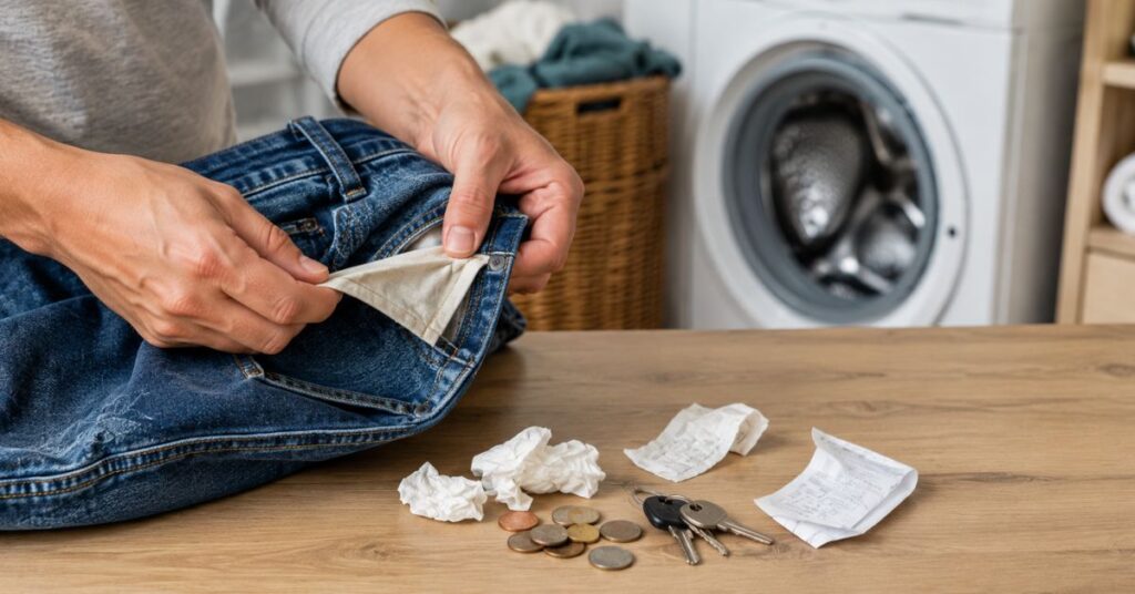 Emptying clothing pockets before loading the washing machine.