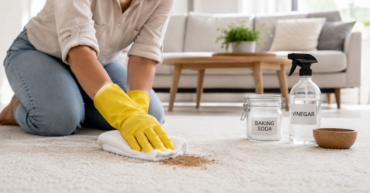 Woman wearing yellow gloves cleaning a carpet stain with a cloth in a bright modern living room with cleaning supplies nearby.