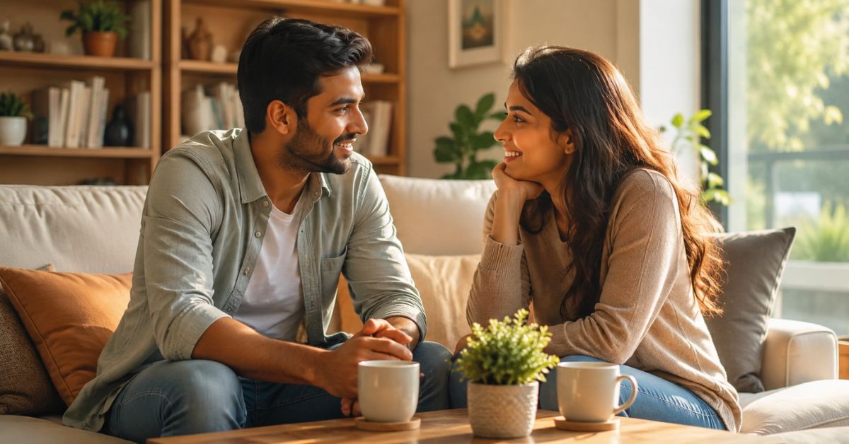 Happy couple sitting on a cozy sofa, smiling and having a meaningful conversation in a warm, sunlit living room with coffee mugs and soft home decor, showing love and emotional connection.