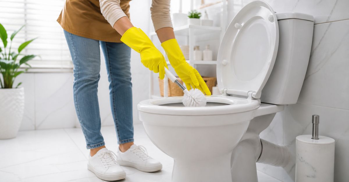 A person wearing gloves cleaning a white toilet with a brush in a clean, modern bathroom with bright natural lighting, showing a hygienic and fresh environment.