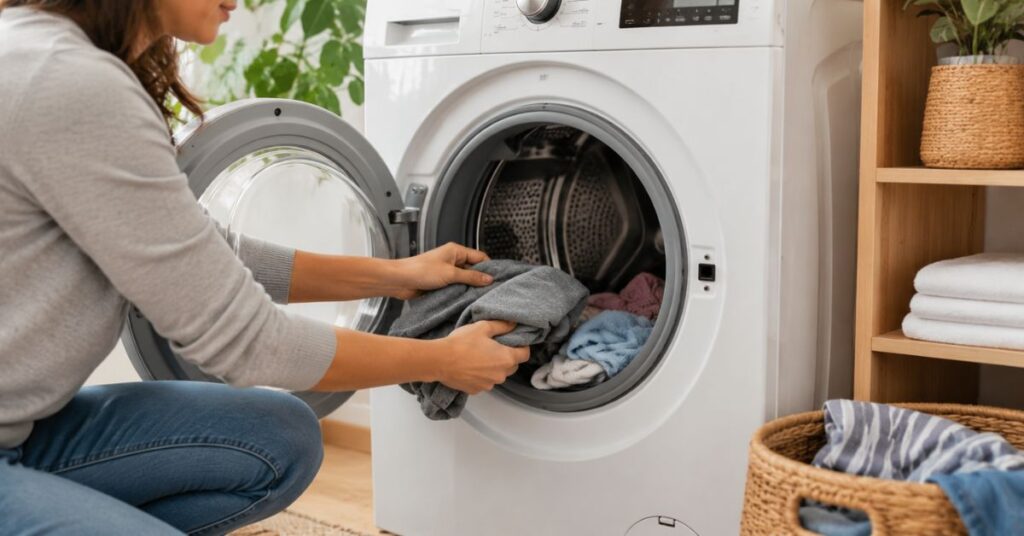 Properly loading clothes into a front-load washing machine.